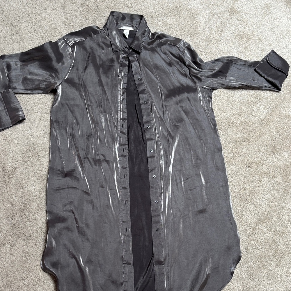 Sheer Long Button-Up Tunic Shirt Dress in Shiny Charcoal Gray